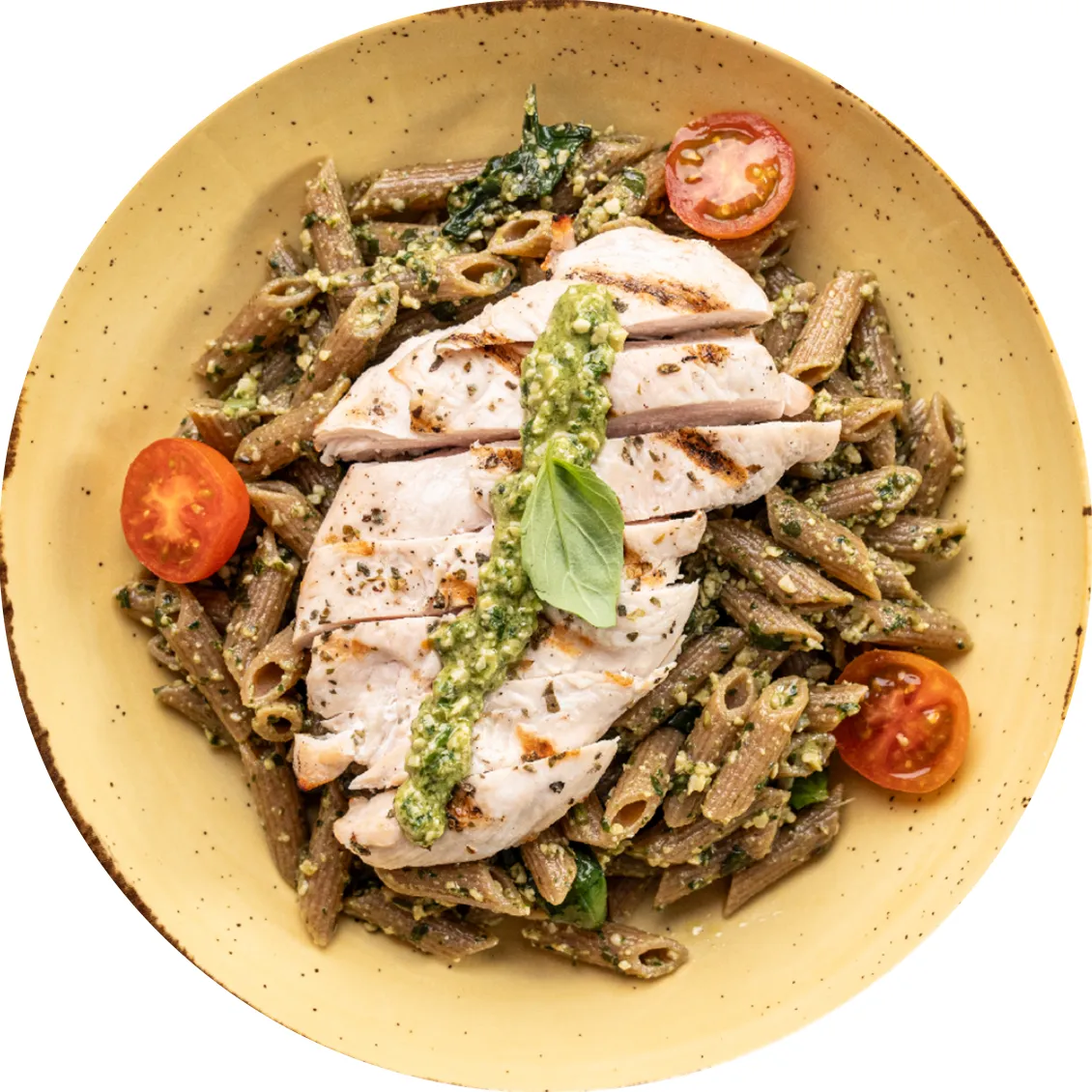 Marmita de frango al pesto, com frango, massa integral