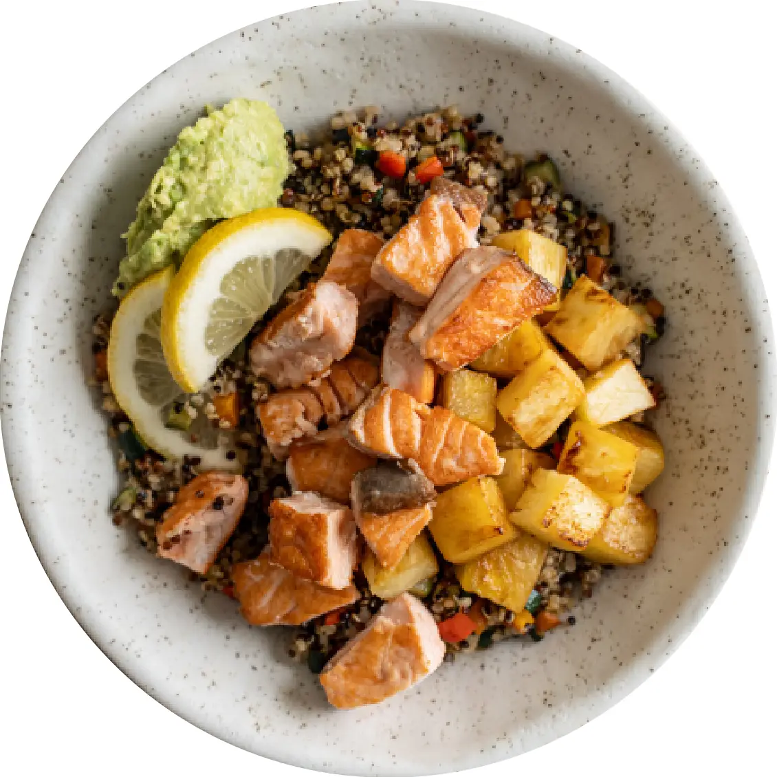 bowl de salmão com quinoa, salmão e legumes